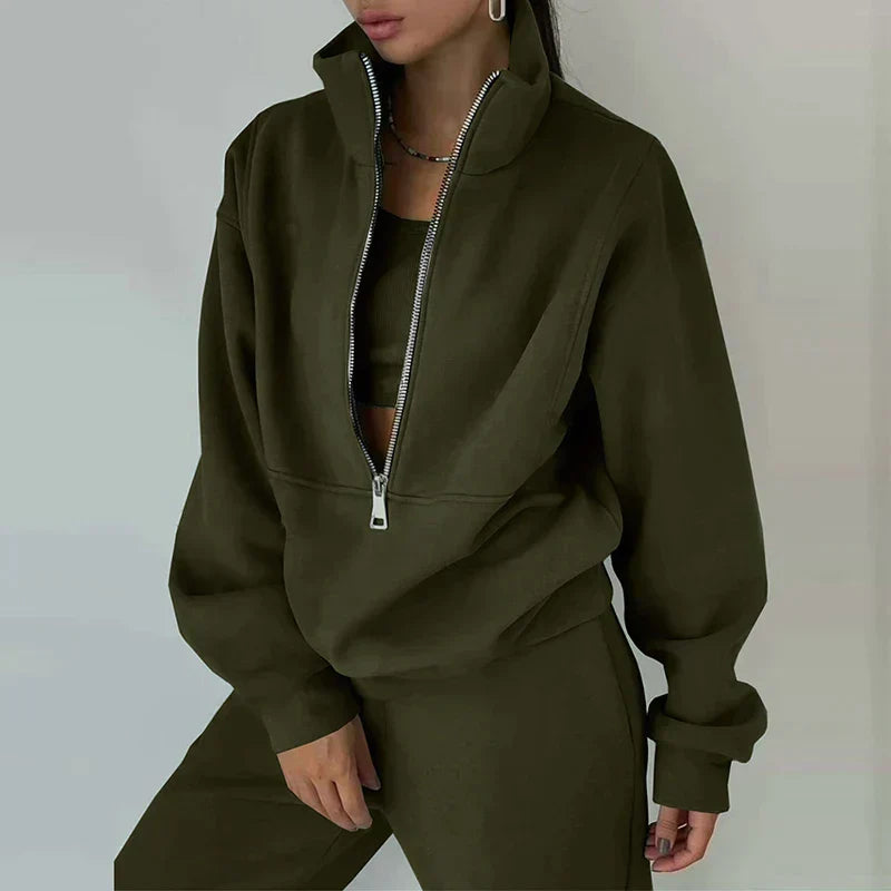 Women's Half-Zip Pullover Tracksuit Set | Comfortable Elastic Jogger Pants for Casual Outings & Lounging