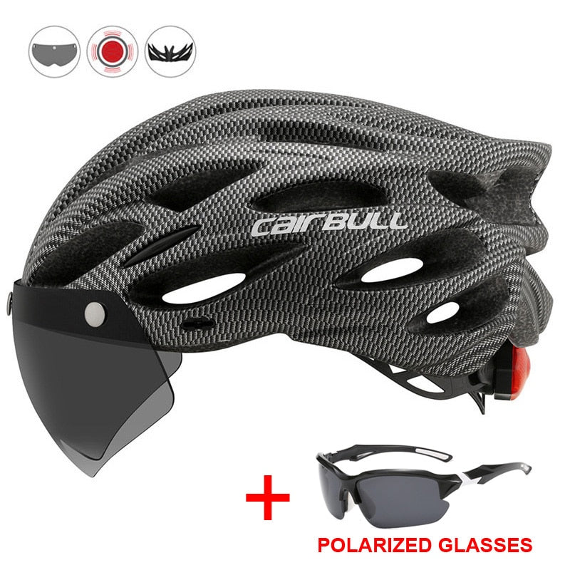 Rennradhelm mit Visier und Rücklicht – Sportlicher Fahrradhelm für MTB und Straße, Größe 54–61 cm