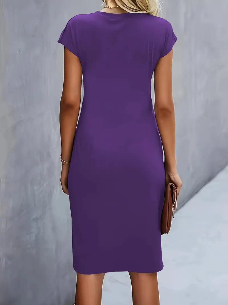 Women's Knee-Length Sheath Dress | Ruched Waist, Cap Sleeves & Ideal for Professional and Social Occasions