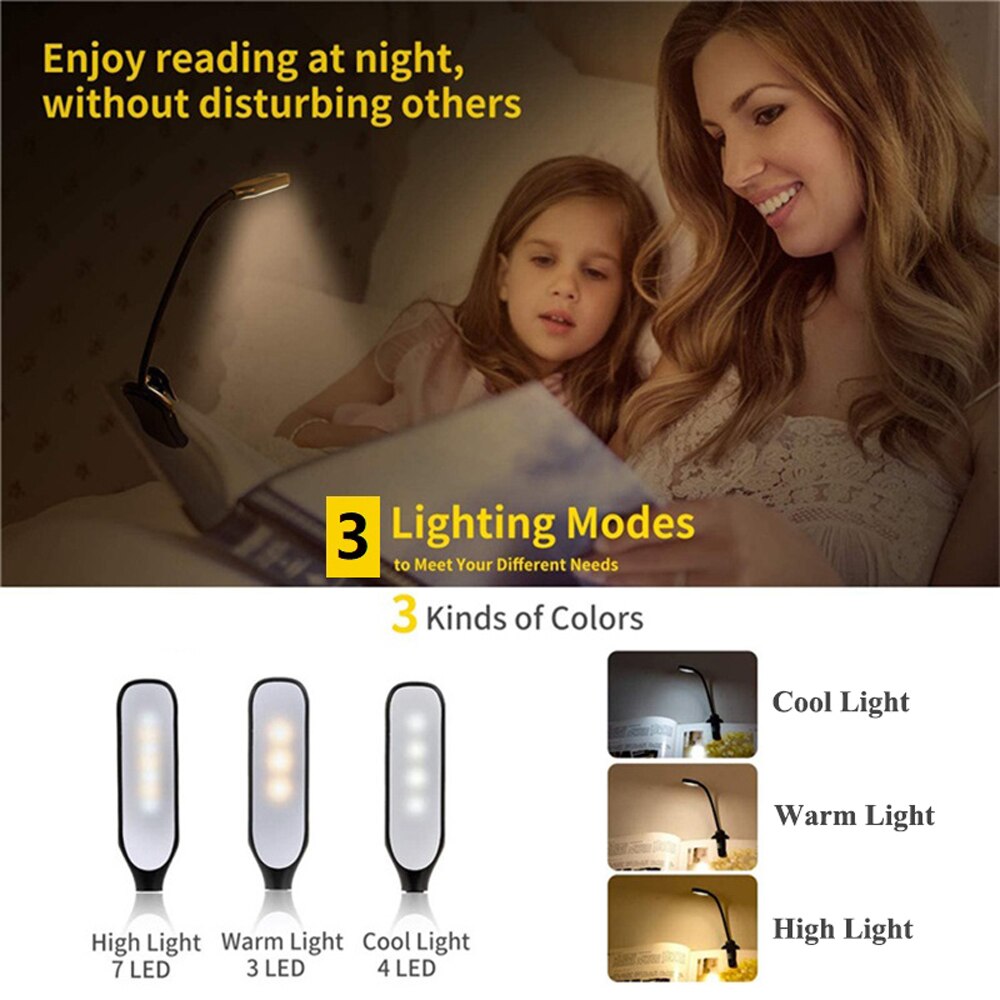 LED Leselampe mit Akku – Wiederaufladbare Buchlampe mit Klemme, 7 LEDs und flexiblem 360° Design