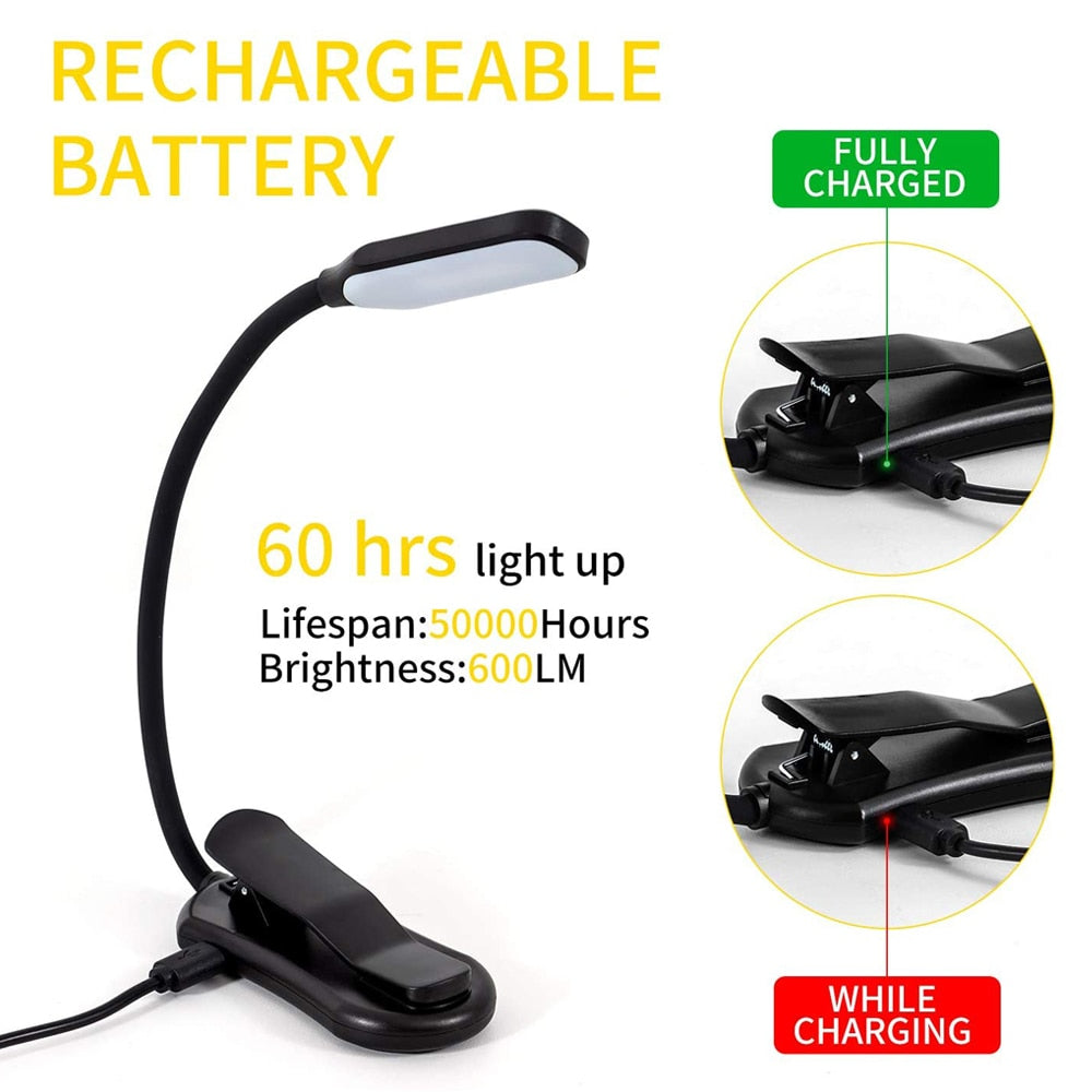 LED Leselampe mit Akku – Wiederaufladbare Buchlampe mit Klemme, 7 LEDs und flexiblem 360° Design