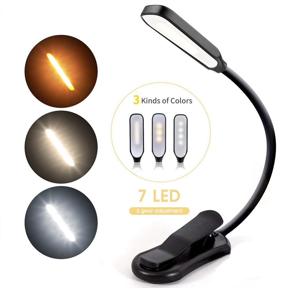 LED Leselampe mit Akku – Wiederaufladbare Buchlampe mit Klemme, 7 LEDs und flexiblem 360° Design