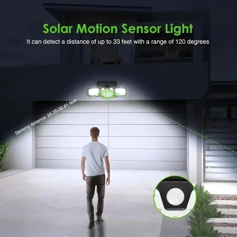 Solar Außenlampe mit Bewegungsmelder – LED Flutlicht mit 3 Strahlern für Garten, Hof und Garage