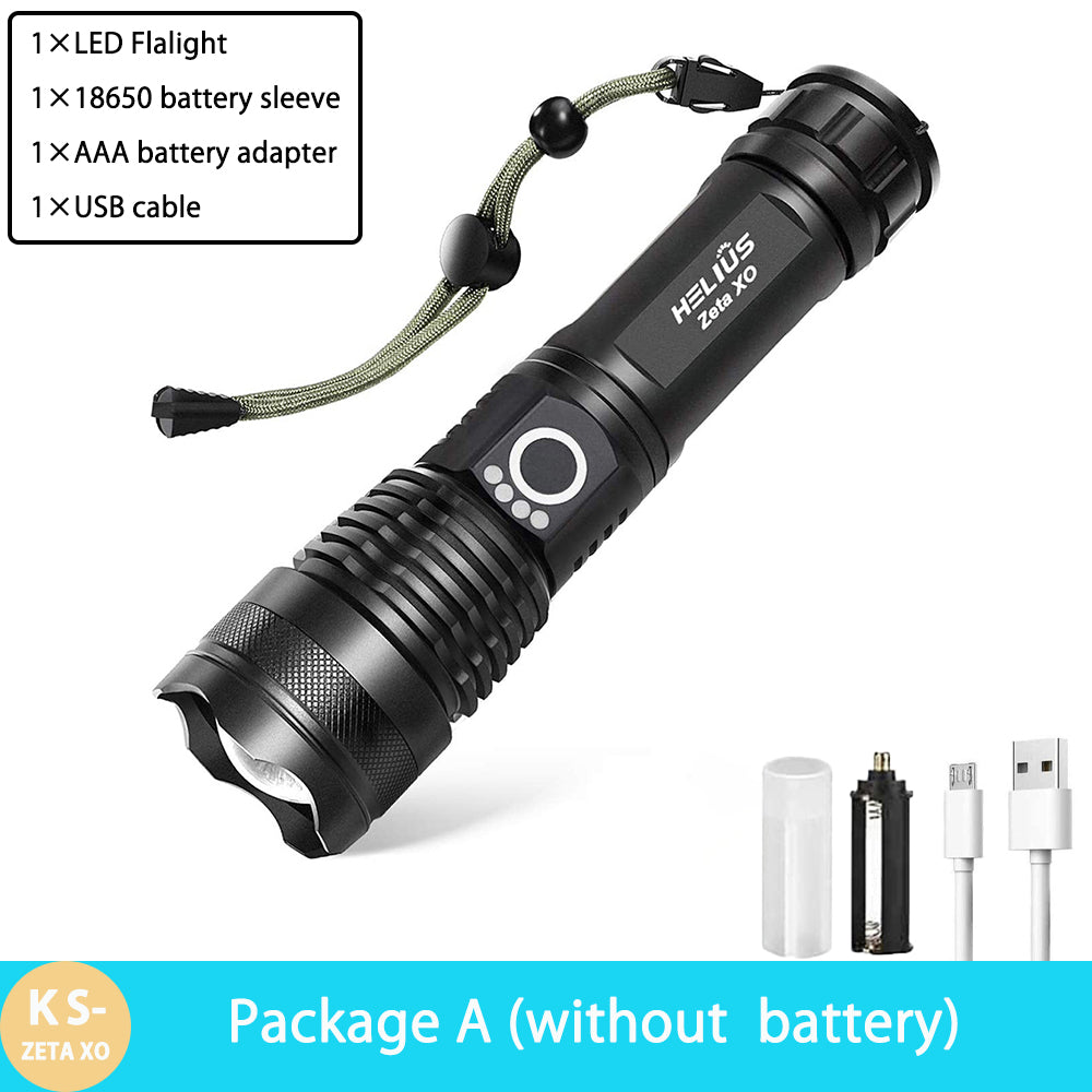 Taschenlampe LED mit Akku – Superhelle 90000 lm Zoom-Taschenlampe, wiederaufladbar für Outdoor & Notfall