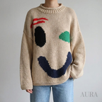 Extra Large Chunky Knit Sweater | Smiley Design, Oversized Fit & Comfortable for Lounging or Casual Outings
