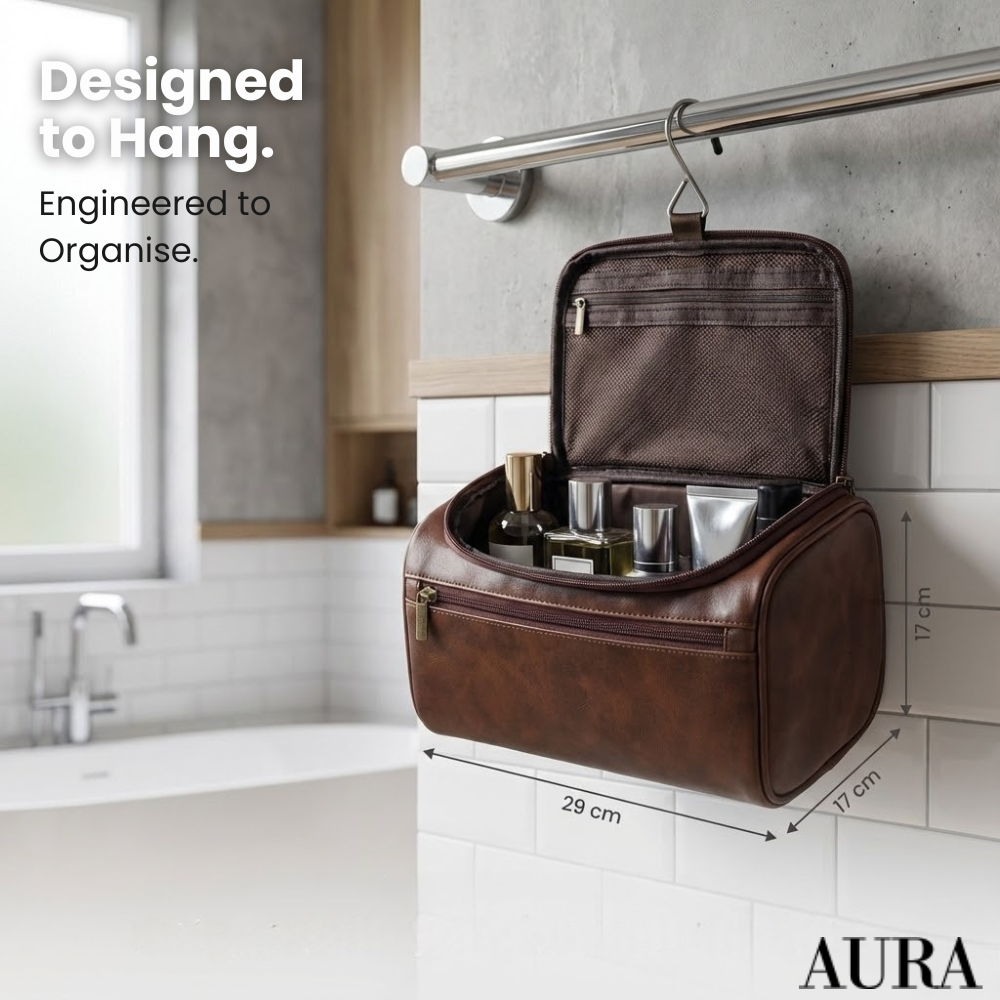 Mens Leather Wash Bag – Premium Toiletry Dopp Kit | Waterproof Travel Organizer