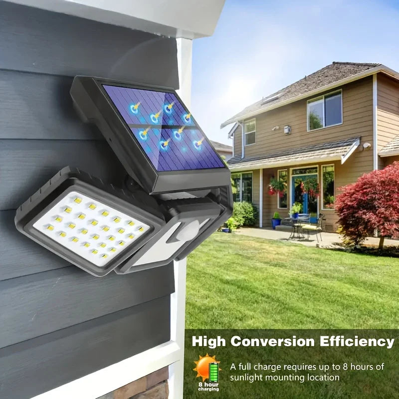 Solar Außenlampe mit Bewegungsmelder – LED Flutlicht mit 3 Strahlern für Garten, Hof und Garage