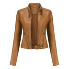 Women's Leather Jacket | Snap-Tab High Collar, Zip Closure & Belted for Casual or Night-Out Styling