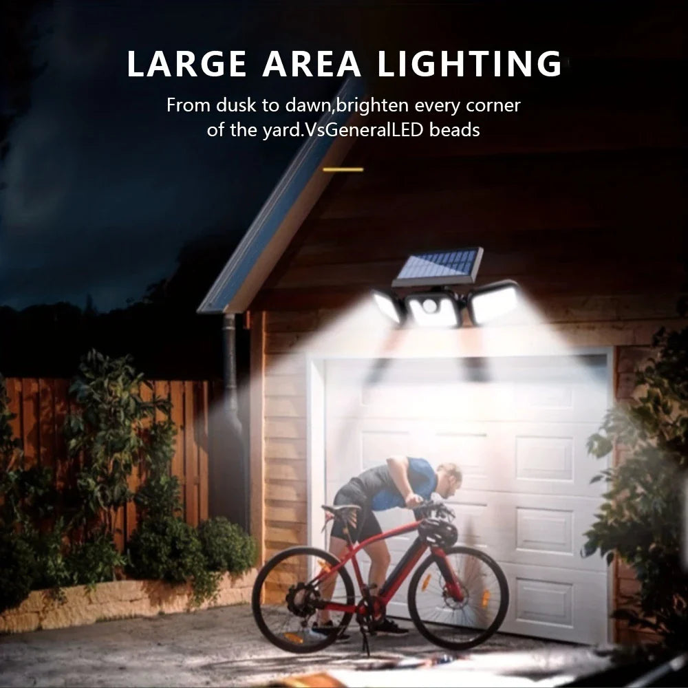 Solar Außenlampe mit Bewegungsmelder – LED Flutlicht mit 3 Strahlern für Garten, Hof und Garage