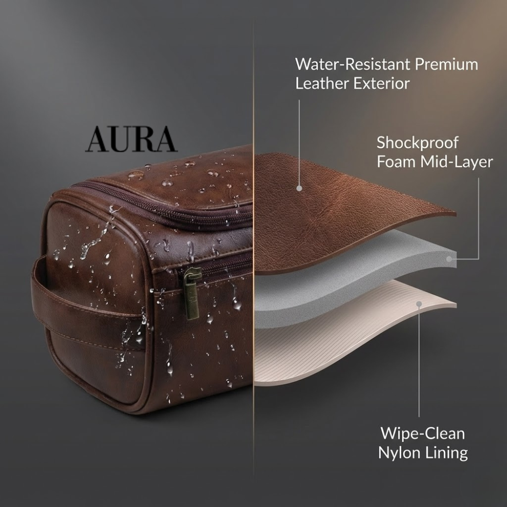 Mens Leather Wash Bag – Premium Toiletry Dopp Kit | Waterproof Travel Organizer