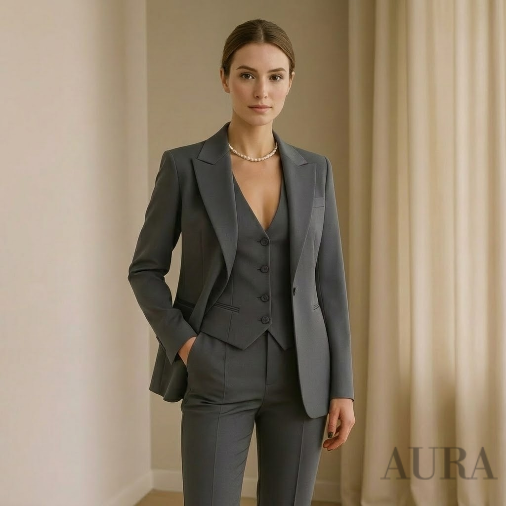 Women's Three Piece Suit - Tailored Blazer, Vest, and Slim-Fit Trousers