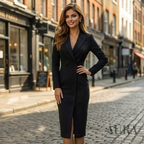 Women’s Fitted Knee-Length Midi Dress | Lapel Collar, Button Detailing & Ideal for Business and Evening Events
