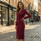 Women’s Fitted Knee-Length Midi Dress | Lapel Collar, Button Detailing & Ideal for Business and Evening Events