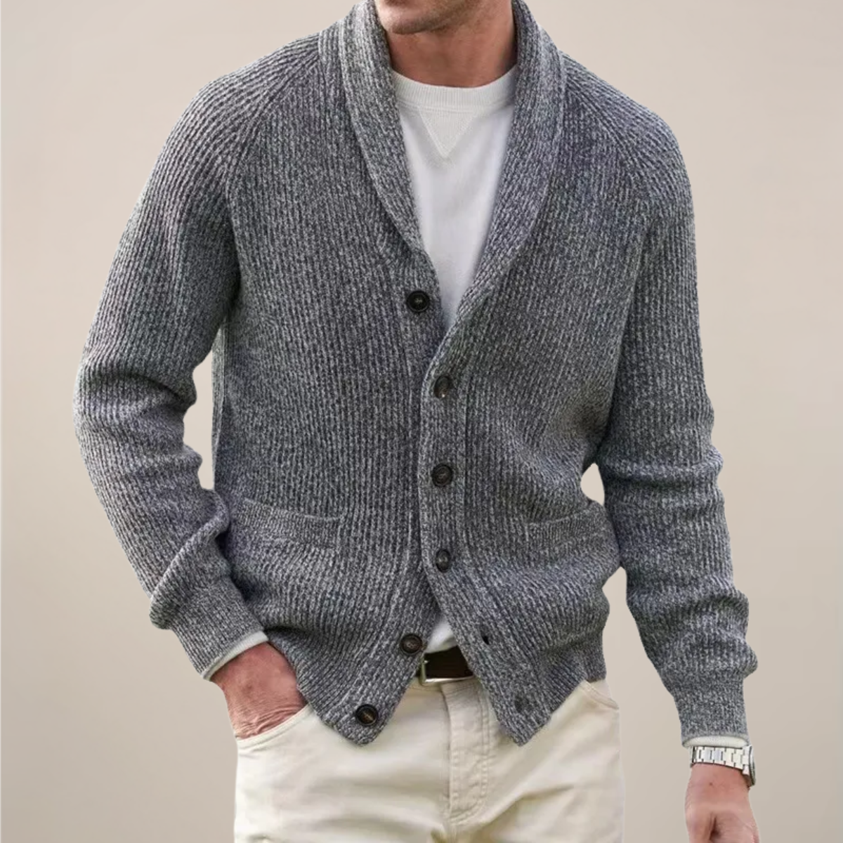 Men’s Ribbed Shawl Collar Cardigan | Smart Casual Layering with Front Pockets for Autumn & Winter