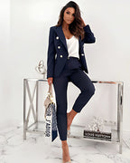 Women's Double-Breasted Suit | Tailored Fit with Metallic Buttons for Business Meetings & Formal Occasions