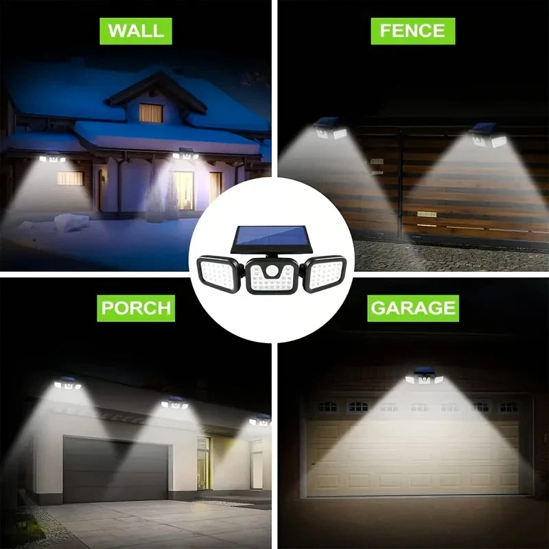 Solar Außenlampe mit Bewegungsmelder – LED Flutlicht mit 3 Strahlern für Garten, Hof und Garage