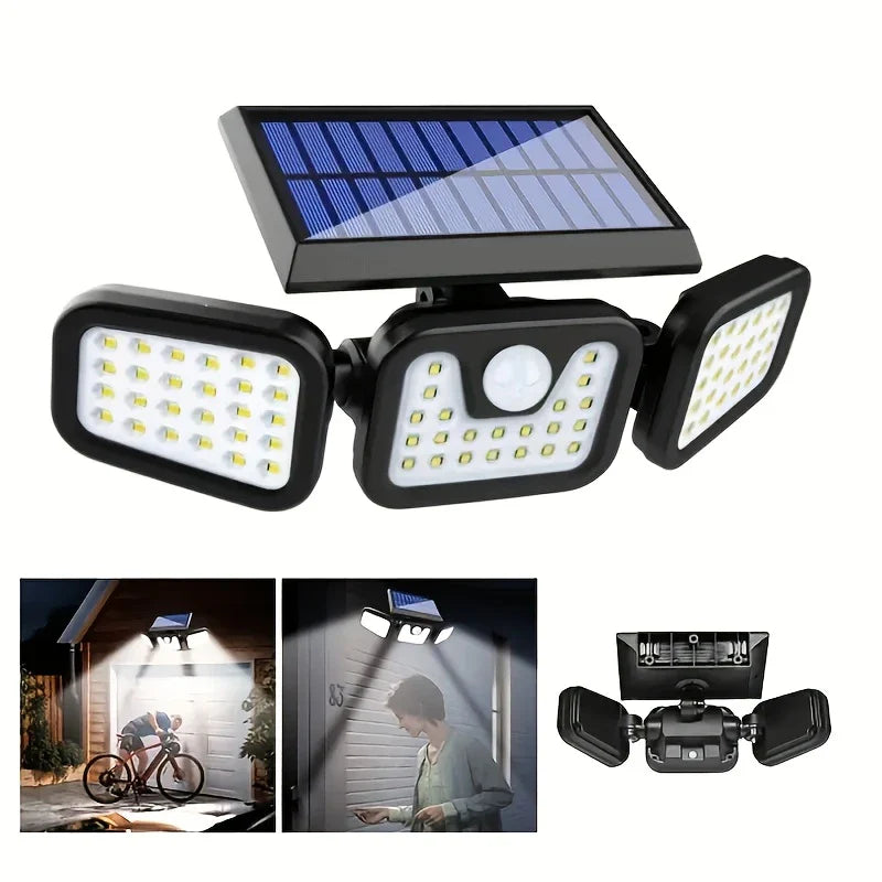 Solar Außenlampe mit Bewegungsmelder – LED Flutlicht mit 3 Strahlern für Garten, Hof und Garage