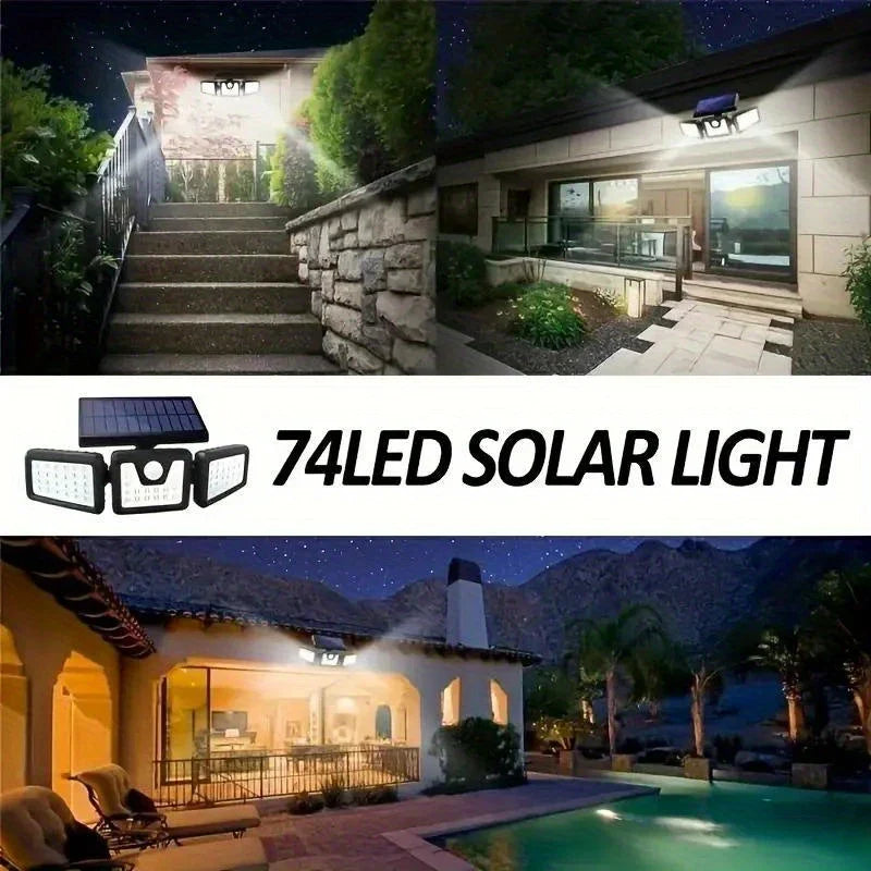 Solar Außenlampe mit Bewegungsmelder – LED Flutlicht mit 3 Strahlern für Garten, Hof und Garage