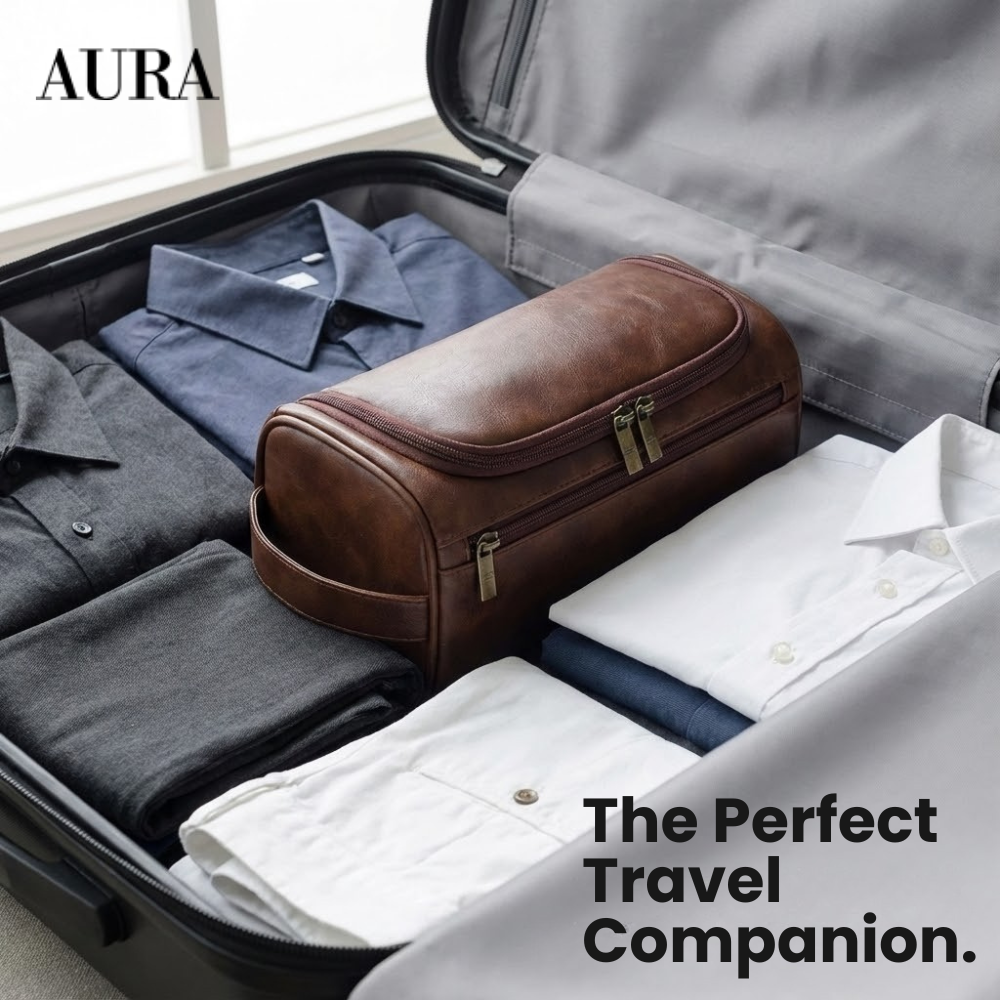 Mens Leather Wash Bag – Premium Toiletry Dopp Kit | Waterproof Travel Organizer