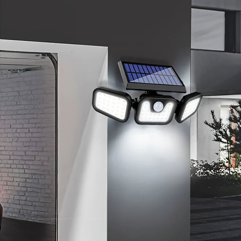 Solar Außenlampe mit Bewegungsmelder – LED Flutlicht mit 3 Strahlern für Garten, Hof und Garage