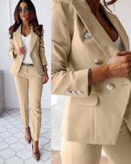 Women's Double-Breasted Suit | Tailored Fit with Metallic Buttons for Business Meetings & Formal Occasions