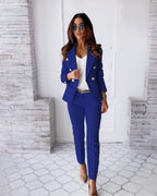 Women's Double-Breasted Suit | Tailored Fit with Metallic Buttons for Business Meetings & Formal Occasions