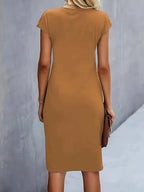 Women's Knee-Length Sheath Dress | Ruched Waist, Cap Sleeves & Ideal for Professional and Social Occasions