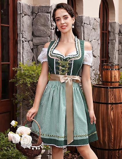 Women's Traditional Bavarian Dirndl Dress | Lace-Up Bodice, Off-Shoulder Sleeves & Perfect for Oktoberfest Celebrations