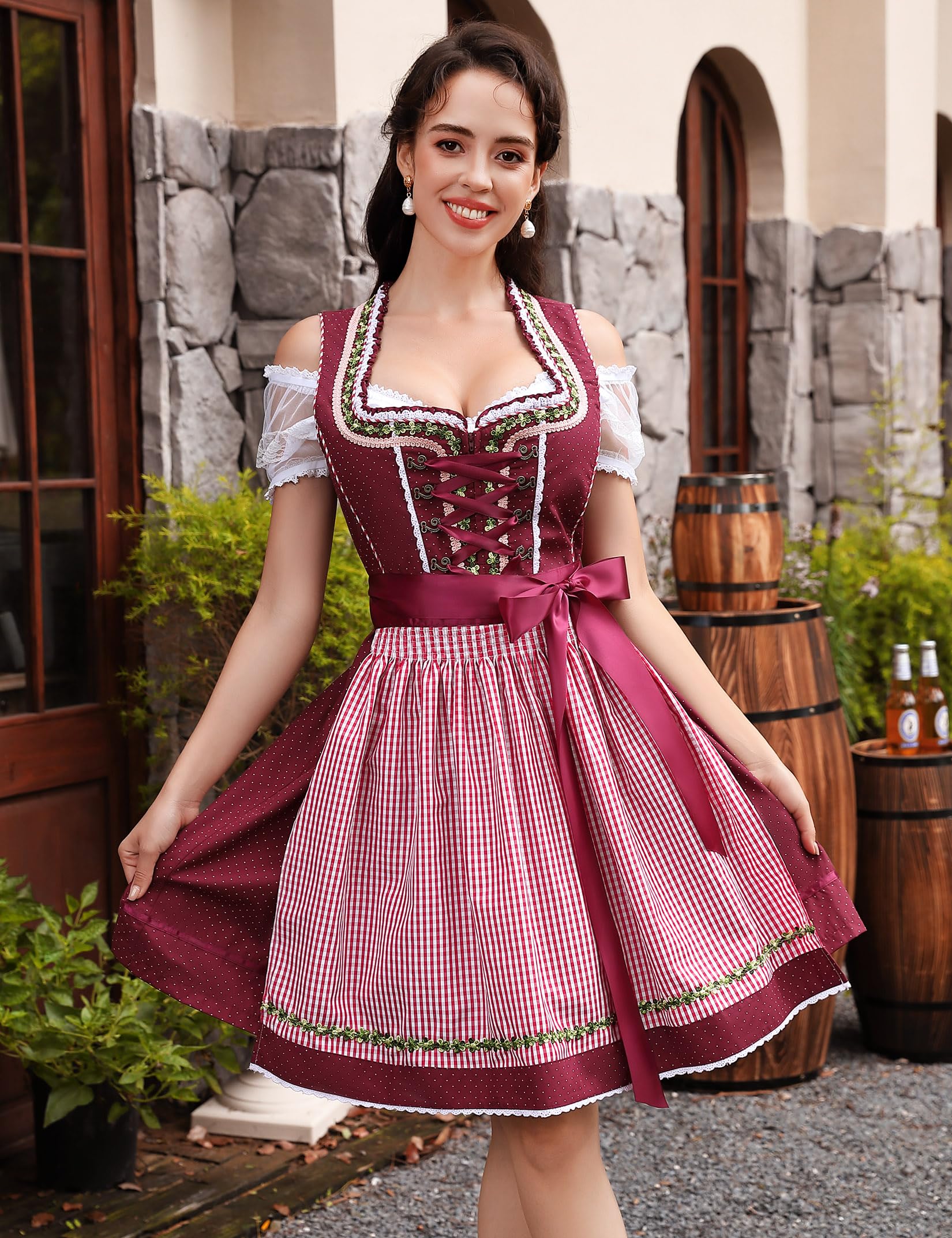 Women's Traditional Bavarian Dirndl Dress | Lace-Up Bodice, Off-Shoulder Sleeves & Perfect for Oktoberfest Celebrations