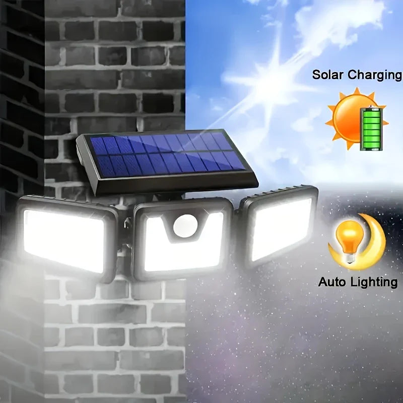 Solar Außenlampe mit Bewegungsmelder – LED Flutlicht mit 3 Strahlern für Garten, Hof und Garage