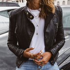 Women's Leather Biker Jacket | Ribbed Sleeves & Angled Zip Details for Edgy Streetwear Style