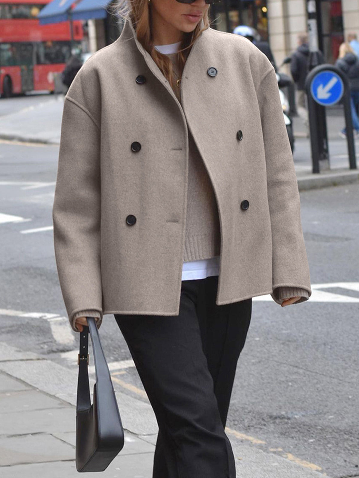Women's Short Wool Jacket | Stand-Up Collar, Button Closure & Versatile for Casual and Formal Wear