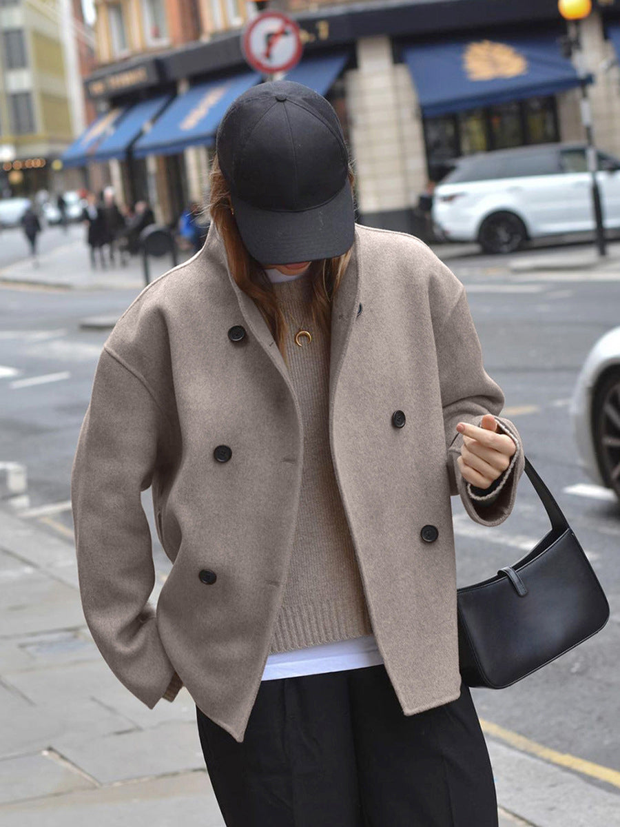 Women's Short Wool Jacket | Stand-Up Collar, Button Closure & Versatile for Casual and Formal Wear