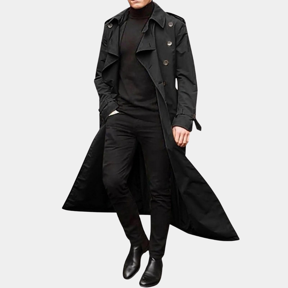 Men's Classic Long Trench Coat | Double-Breasted, Belted Waist & Timeless Style for Everyday Sophistication