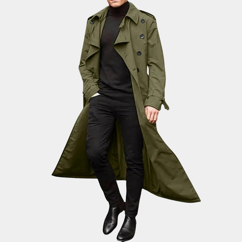 Men's Classic Long Trench Coat | Double-Breasted, Belted Waist & Timeless Style for Everyday Sophistication