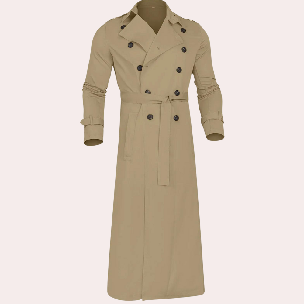 Men's Classic Long Trench Coat | Double-Breasted, Belted Waist & Timeless Style for Everyday Sophistication