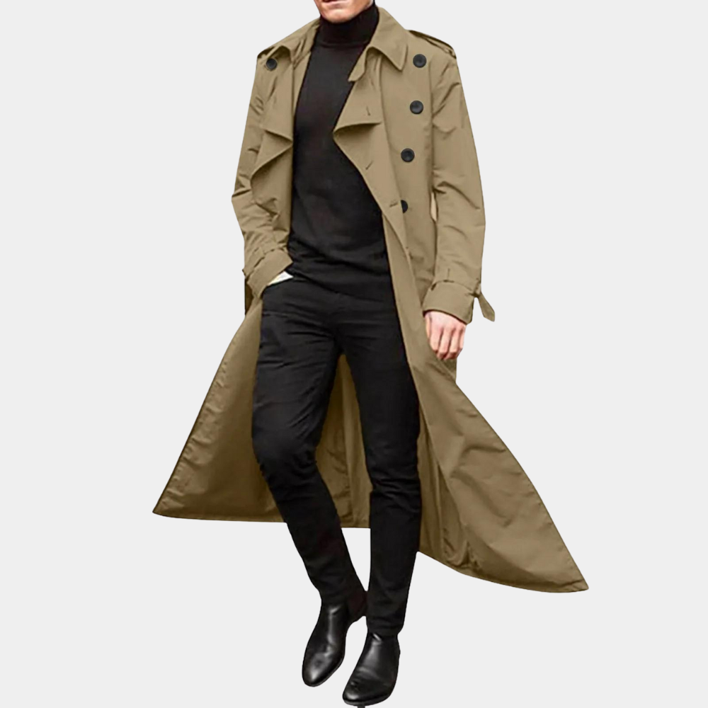 Men's Classic Long Trench Coat | Double-Breasted, Belted Waist & Timeless Style for Everyday Sophistication