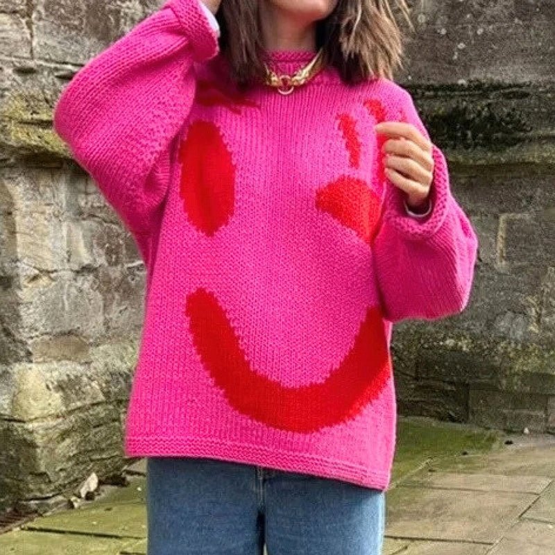 Extra Large Chunky Knit Sweater | Smiley Design, Oversized Fit & Comfortable for Lounging or Casual Outings