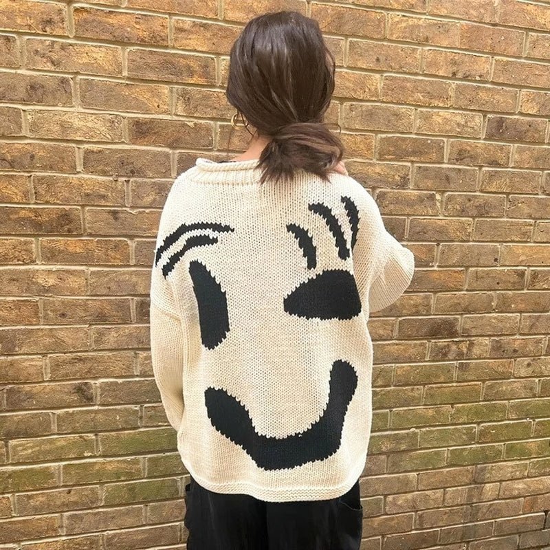 Extra Large Chunky Knit Sweater | Smiley Design, Oversized Fit & Comfortable for Lounging or Casual Outings