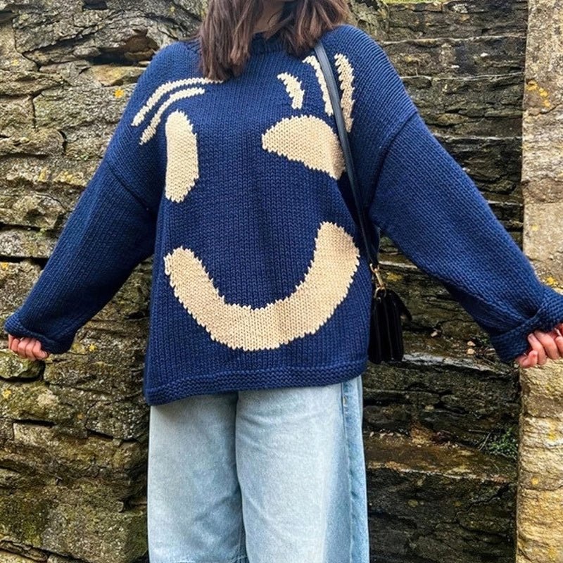 Extra Large Chunky Knit Sweater | Smiley Design, Oversized Fit & Comfortable for Lounging or Casual Outings