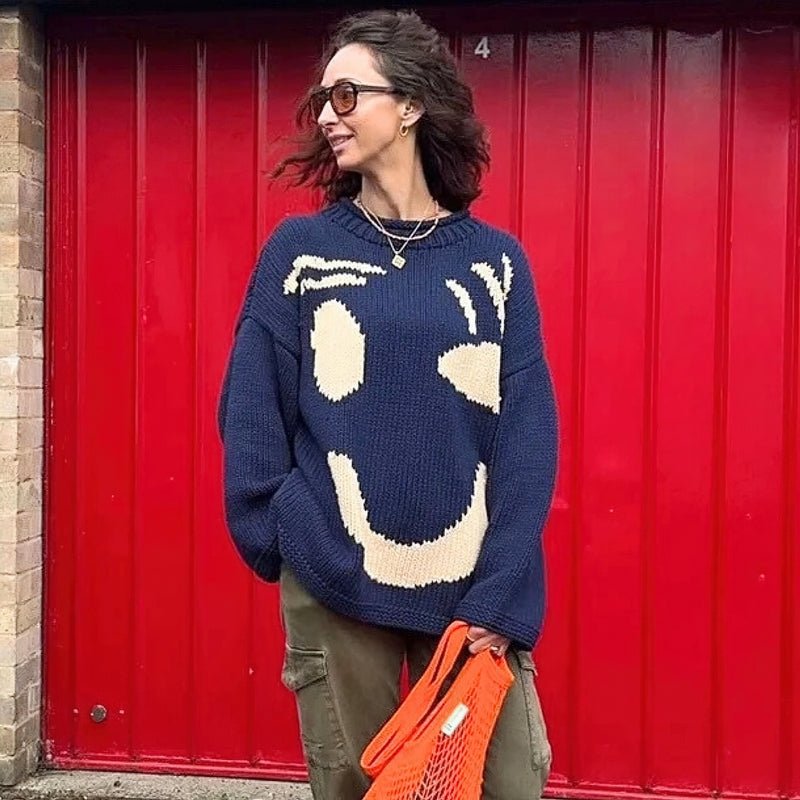 Extra Large Chunky Knit Sweater | Smiley Design, Oversized Fit & Comfortable for Lounging or Casual Outings
