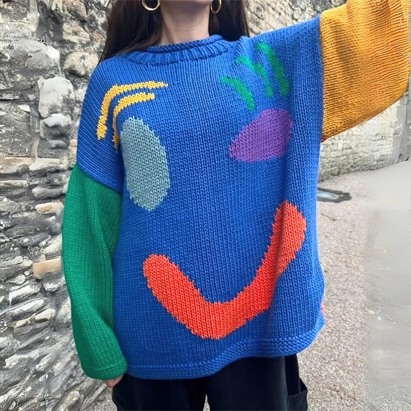 Extra Large Chunky Knit Sweater | Smiley Design, Oversized Fit & Comfortable for Lounging or Casual Outings