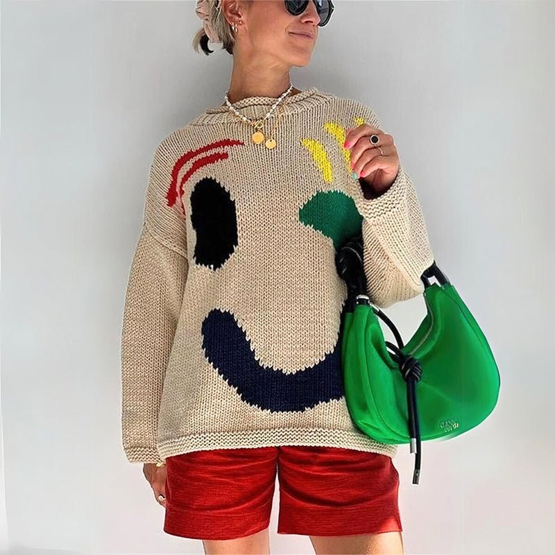 Extra Large Chunky Knit Sweater | Smiley Design, Oversized Fit & Comfortable for Lounging or Casual Outings