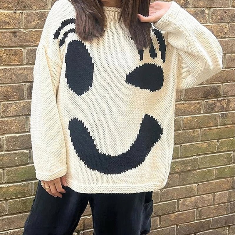 Extra Large Chunky Knit Sweater | Smiley Design, Oversized Fit & Comfortable for Lounging or Casual Outings