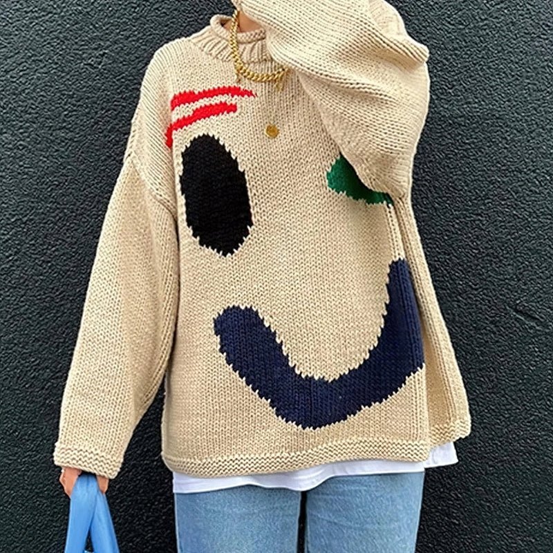 Extra Large Chunky Knit Sweater | Smiley Design, Oversized Fit & Comfortable for Lounging or Casual Outings