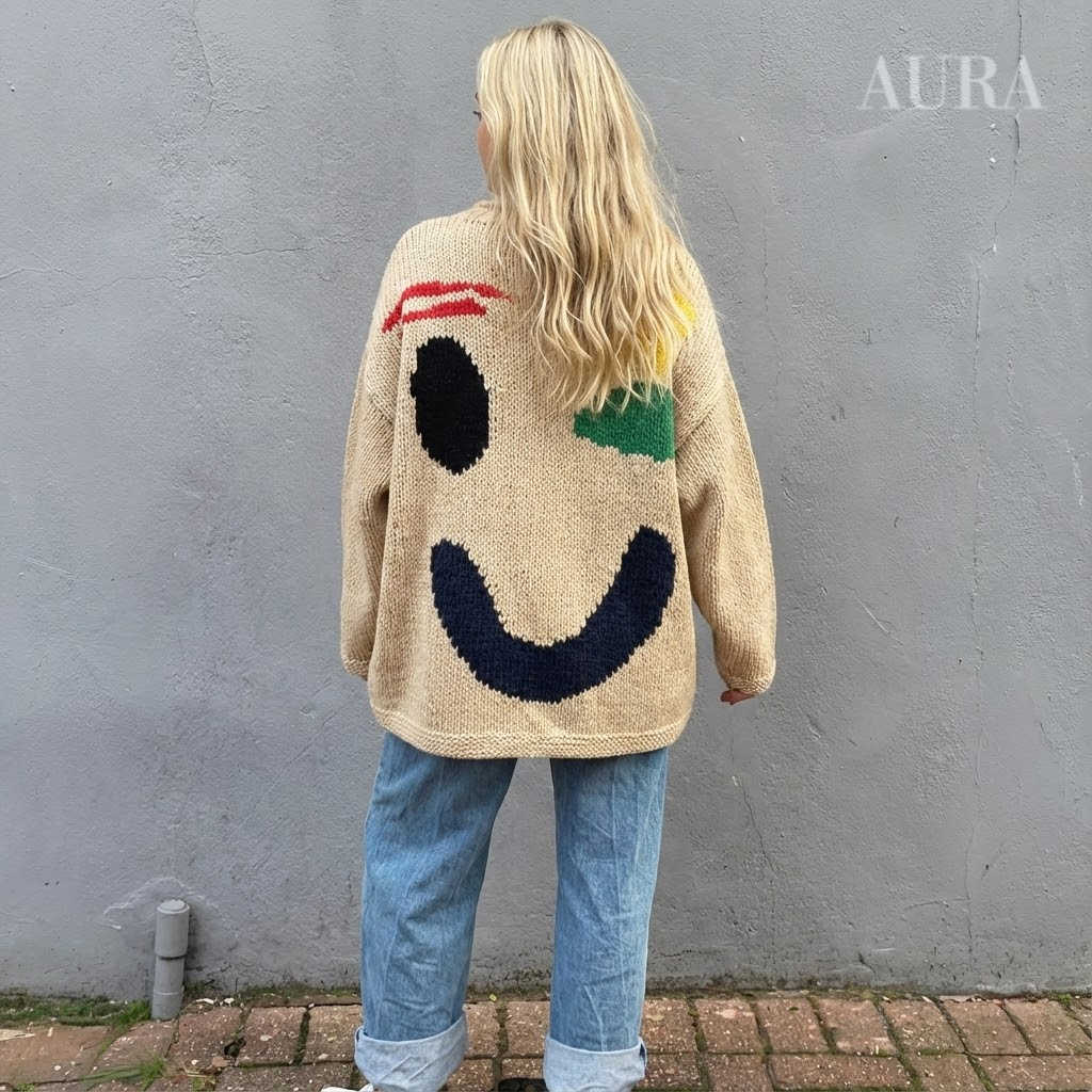 Extra Large Chunky Knit Sweater | Smiley Design, Oversized Fit & Comfortable for Lounging or Casual Outings