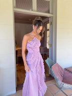 Women's Asymmetric Pleated Ruffle Dress | Halter Neckline, Flowing Skirt & Ideal for Special Occasions