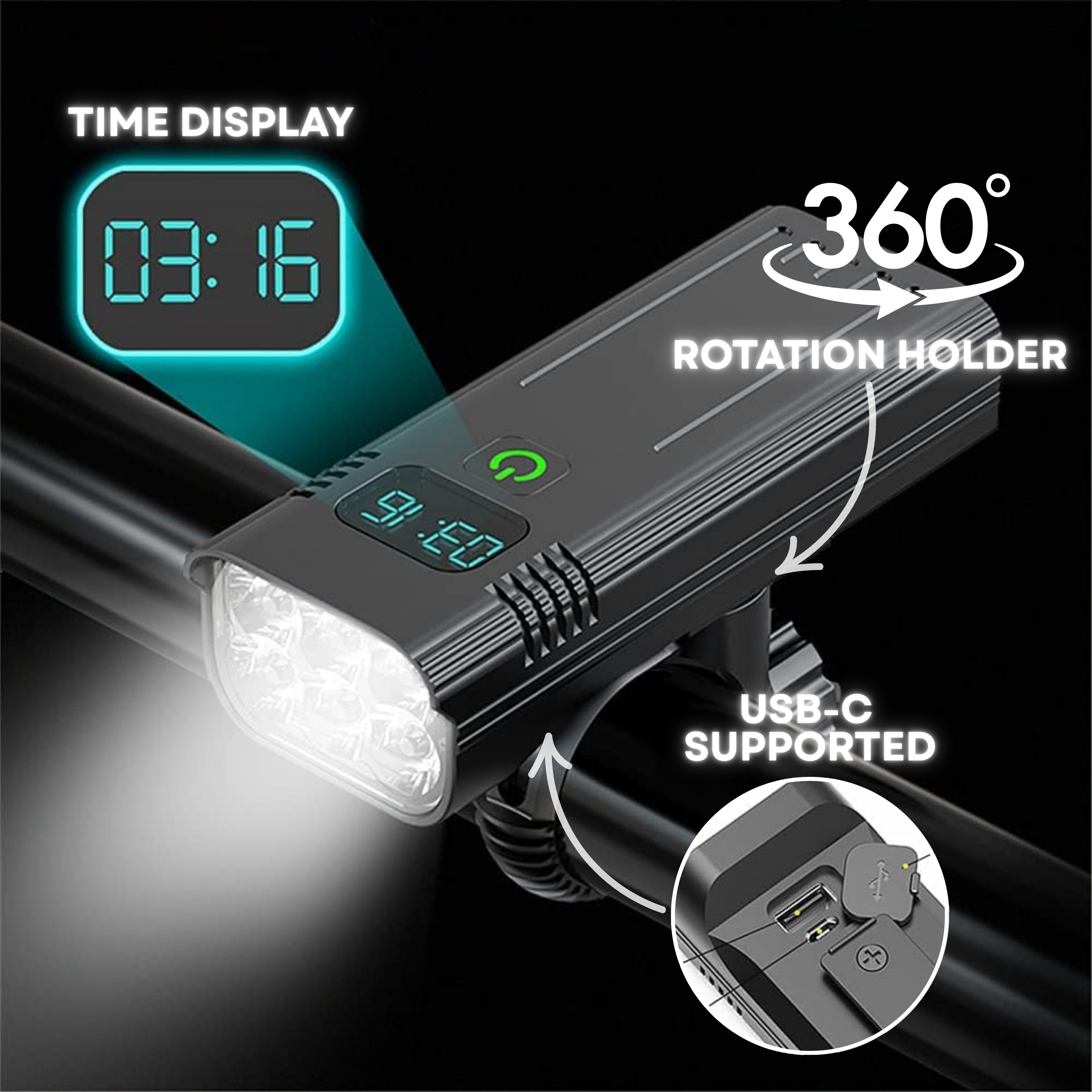 Fahrradlampe LED vorne – 5000 Lumen Fahrradstrahler mit 12 LEDs & USB-C Akku 10000mAh