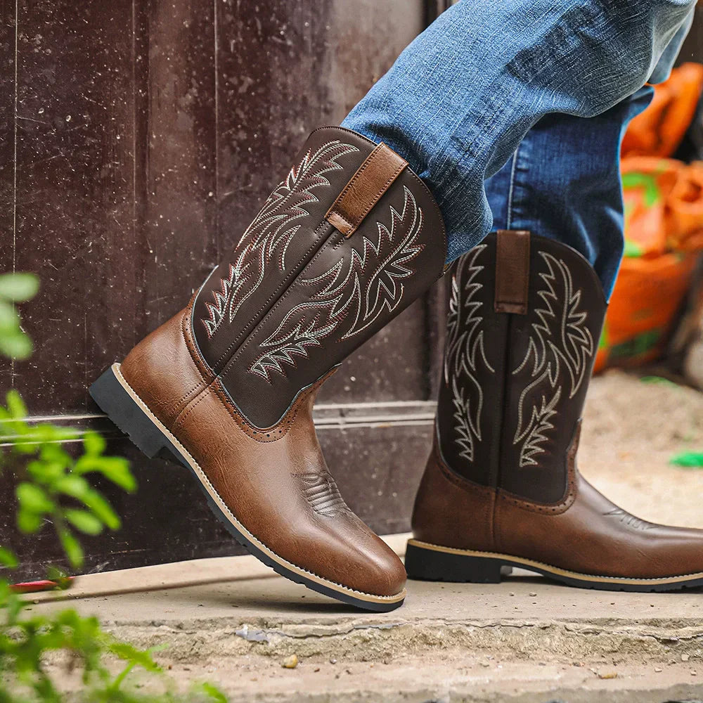 Men’s Mid-Calf Cowboy Boots | Embroidered, Durable Square Toe Design for Everyday Wear and Riding