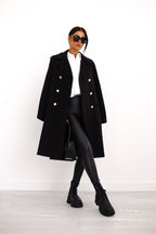 Women's Double-Breasted Long Coat | Gold Button Accents & Structured Silhouette for Timeless Elegance